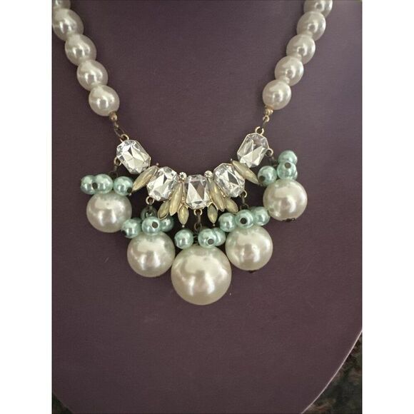 Plunder Faux Pearl Necklace and Pierced Earring Set White Mint Green Rhinestones - Picture 2 of 5